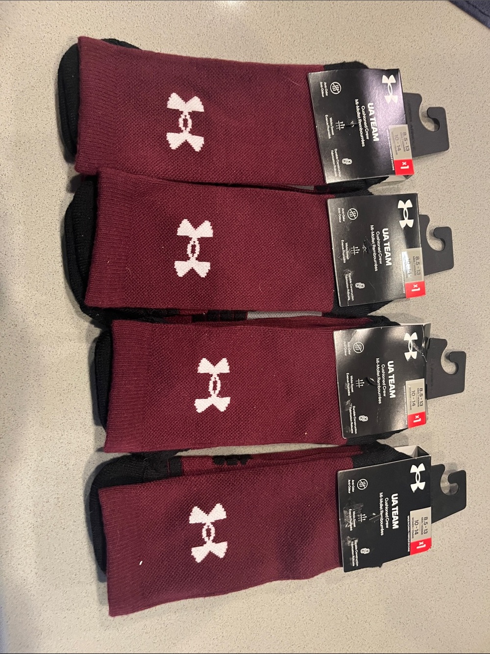 Under Armour Men's Maroon Crew Socks - UA Team size 8.5-13, women’s 10-14 4 pk